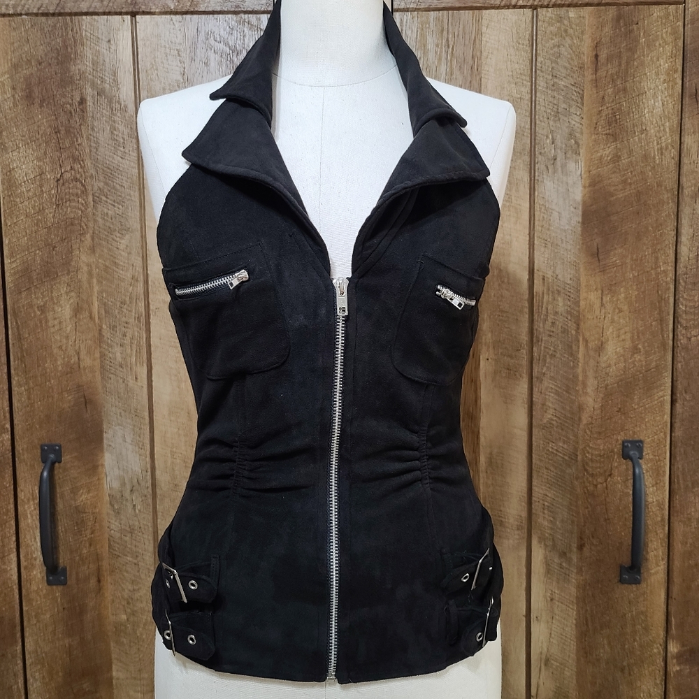 *SOLD* Black Sexy Halter Top Velvet Feel Stretchy Full Zip - Picture 7 of 8